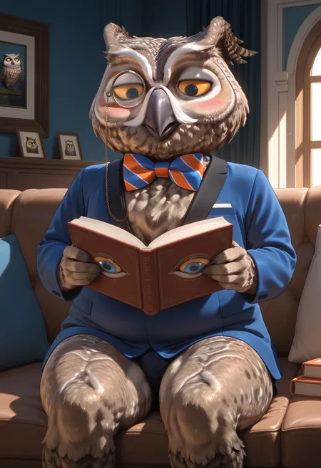 masterpiece, best quality, amazing quality, newest, high quality BREAK NigelOWL, solo, 1boy, owl, beak, bird, furry, animal focus, monocle, short, feathers, living room, indoors, blushing, chubby, moobs, colorful bowtie, half-lidded eyes, huge hips, thick thighs, reading book, holding book, sitting, blue jacket <lora:Nigel_the_Owl_Xyzal_Mascot:.8>    <lora:NOOB_vp1_detailer_by_volnovik_v1:1>