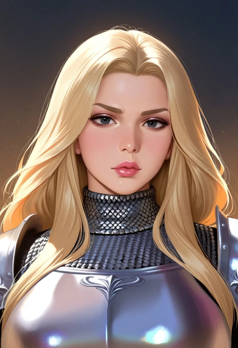 Female Scandinavian bandit, older woman, mature Female mercernary, grizzled, scarred, beautiful, medieval, luscious lips, black eyes, long messy dirty blonde hair, sumptuous bountiful curvy feminine figure, muscular Amazonian physique, plate armour, brigadine armour, chainmail, bulging muscles, glossy lips, luscious lips puckered lips, head and shoulders portrait, Fantasy fairycore, crisp and clean lines, extremely detailed 8K, high resolution, ultra quality, glare, Iridescent, Global illumination, real hair movement, realistic light, realistic shadow
