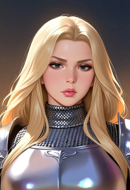 Female Scandinavian bandit, older woman, mature Female mercernary, grizzled, scarred, beautiful, medieval, luscious lips, black eyes, long messy dirty blonde hair, sumptuous bountiful curvy feminine figure, muscular Amazonian physique, plate armour, brigadine armour, chainmail, bulging muscles, glossy lips, luscious lips puckered lips, head and shoulders portrait, Fantasy fairycore, crisp and clean lines, extremely detailed 8K, high resolution, ultra quality, glare, Iridescent, Global illumination, real hair movement, realistic light, realistic shadow