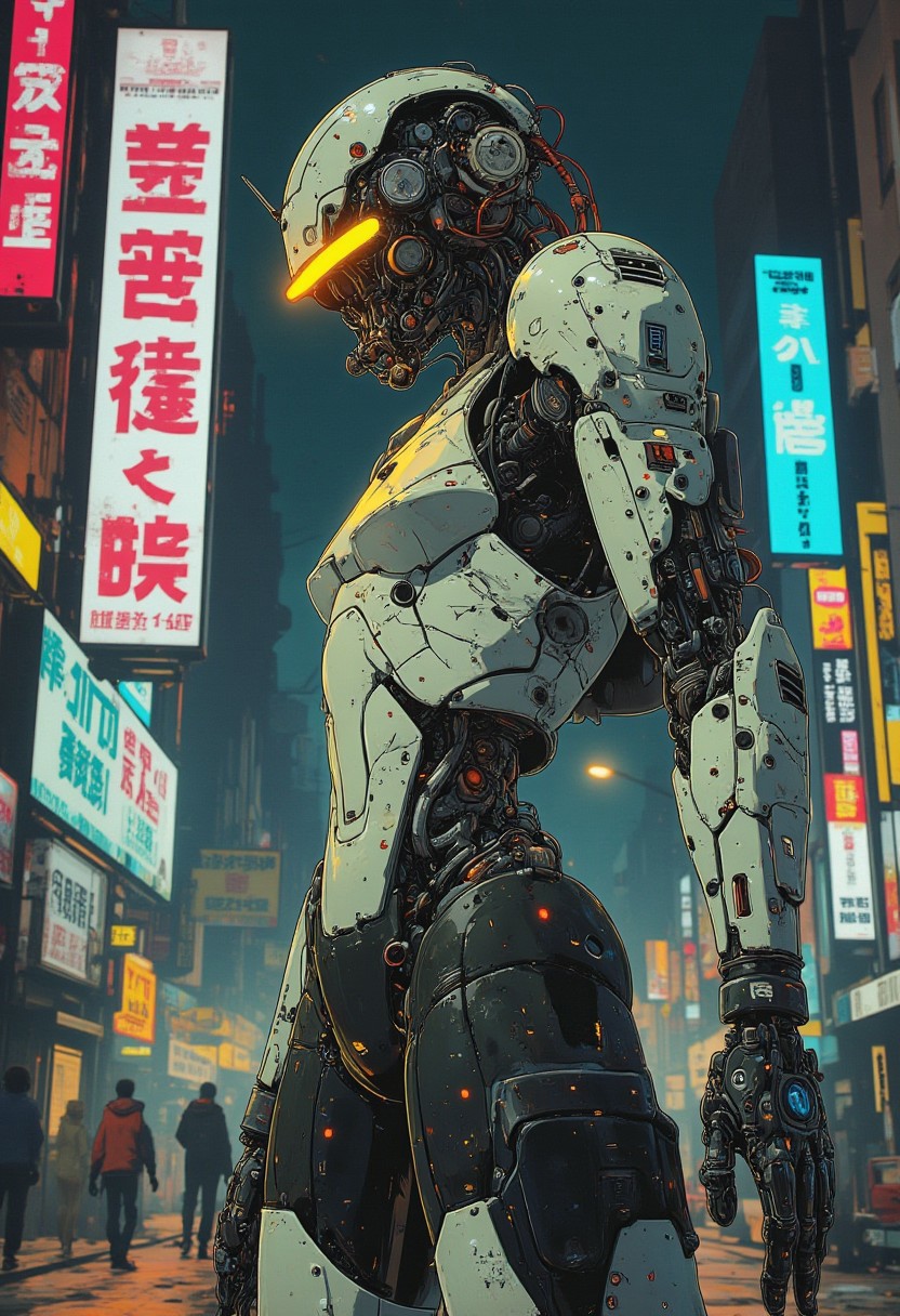 detailed cyberpunk anime image, masterpiece, battle robot, white ceramic armor, reflective faceplate, glowing circuitry, robot joints and cables, cyberpunk street, neon signs, lcd advertsing screens, night, bokeh, masterpiece, perfect composition
