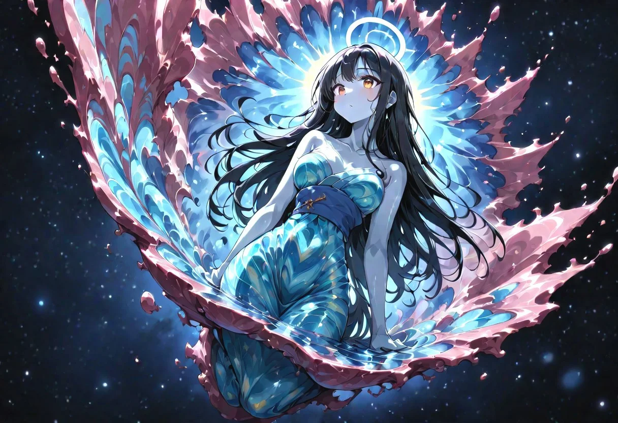 (masterpiece), (score_9, score_8_up, score_7_up,source_anime), 4K8K, very aesthetic, absurdres, best quality,
(Liquid Marble:1.3), fishs, Liquid Marble fish, Starry Sky,
from below, (solo), (in underwater:1.1), outdoors, detailed,
Japanese cute Goddess, Statue of Goddess, (hands togather), (sun, sunshine, halo),
(small stature, petite:1.3), (pointy breasts:1.1), (white skin, black hair, verry long hair, straight hair, amber eyes),
(wearing aqua kimono with sakura:1.3),