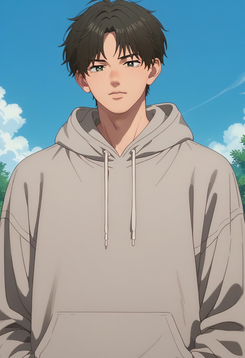 score_9, score_8_up, score_7_up, source_anime, rating_safe, Ousfection, 1boy, male focus, anime screencap, grey-hoodie,