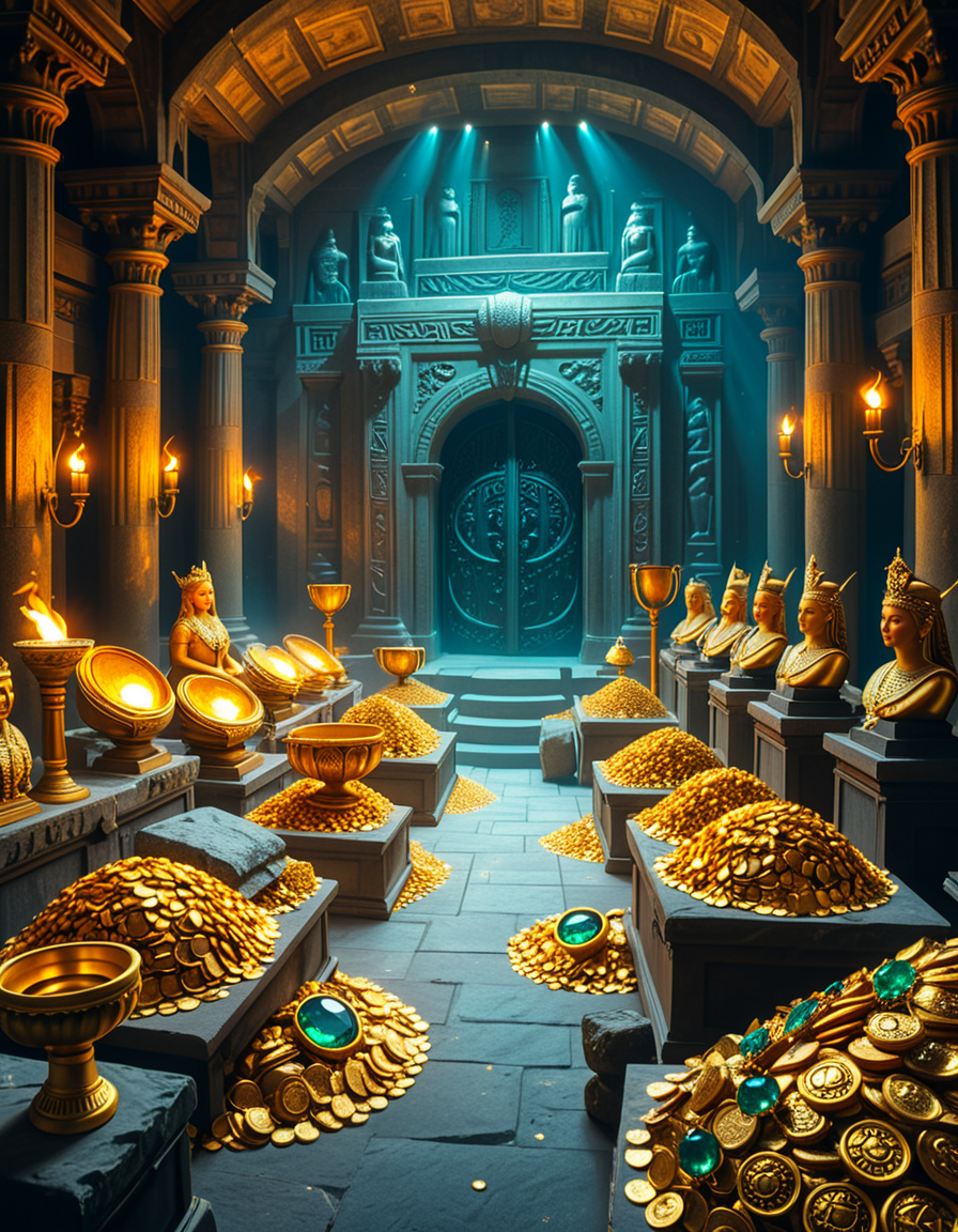 A hidden treasure chamber deep within an ancient temple, illuminated by the warm golden glow of torches and mystical blue light from enchanted crystals. The room is filled with piles of gold coins, jewel-encrusted goblets, and ancient artifacts covered in dust. Massive stone statues of forgotten deities guard the chamber, their eyes glowing faintly as if watching intruders. In the center, a grand pedestal holds a legendary artifactâan ornate golden crown encrusted with emeralds and sapphires, shimmering with an otherworldly aura. The walls are adorned with intricate carvings depicting lost civilizations, and creeping vines hint at centuries of abandonment. The atmosphere is mystical and slightly eerie, with a sense of both wonder and danger. The air is thick with the scent of aged parchment and burning incense, adding to the chamberâs ancient and mysterious feel. Cinematic lighting with dramatic shadows enhances the depth and richness of the scene, creating a visually stunning and immersive environment.
<lora:SDXLFaeTastic2400:0.4> <lora:extremely_detailed:0.4> extremely detailed, <lora:treasure_ch4mb3r:1>,treasure ch4mb3r, Masterpiece,best quality,hi res,8k,hi res,8k,award winning,(sharp focus, intricate, highly detailed),