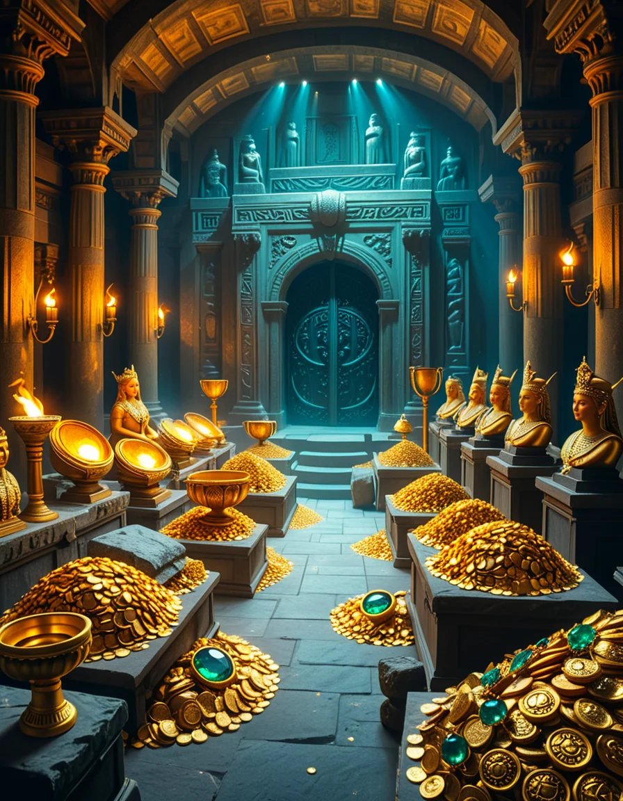 A hidden treasure chamber deep within an ancient temple, illuminated by the warm golden glow of torches and mystical blue light from enchanted crystals. The room is filled with piles of gold coins, jewel-encrusted goblets, and ancient artifacts covered in dust. Massive stone statues of forgotten deities guard the chamber, their eyes glowing faintly as if watching intruders. In the center, a grand pedestal holds a legendary artifact—an ornate golden crown encrusted with emeralds and sapphires, shimmering with an otherworldly aura. The walls are adorned with intricate carvings depicting lost civilizations, and creeping vines hint at centuries of abandonment. The atmosphere is mystical and slightly eerie, with a sense of both wonder and danger. The air is thick with the scent of aged parchment and burning incense, adding to the chamber’s ancient and mysterious feel. Cinematic lighting with dramatic shadows enhances the depth and richness of the scene, creating a visually stunning and immersive environment.
<lora:SDXLFaeTastic2400:0.4> <lora:extremely_detailed:0.4> extremely detailed, <lora:treasure_ch4mb3r:1>,treasure ch4mb3r, Masterpiece,best quality,hi res,8k,hi res,8k,award winning,(sharp focus, intricate, highly detailed),