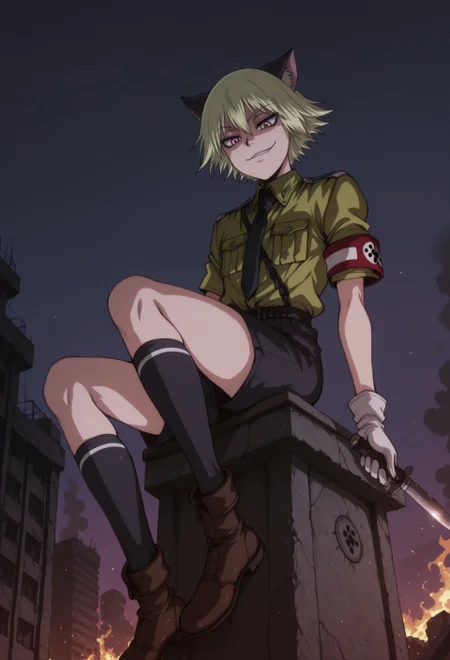 masterpiece, best quality, amazing quality, very aesthetic, absurdres, WOSchrödinger, 1boy, solo, male focus, blonde hair, short hair, cat ears, pink eyes,green collared shirt, black necktie, armband, white gloves, sam browne belt, black belt, black shorts, black kneehighs, brown boots, sitting, outdoors, night, fire, on tower, from below, holding knife, evil smirk, ruins, smoke, looking down