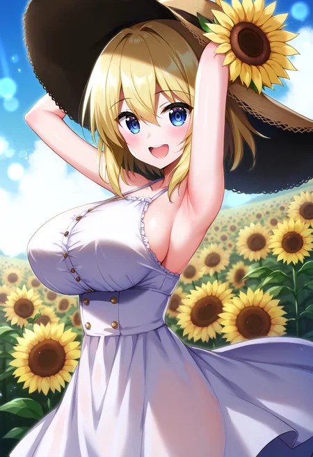 score_9, score_8_up, score_7_up, score_6_up, score_5_up, score_4_up,
simple background, gradient background,
refraction, caustics, rim lights, backlighting, bloom,
BREAK
source_anime, day, outdoors, sky, flower field, sunflower, sunflower field, sunset,
BREAK
1girl, sundress, sunhat, blonde hair, large breasts, see-through silhouette, happy, hair between eyes,
arms up, armpits, light smile,
<lora:Derauea-v2-PDXL:1>