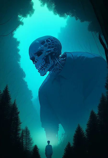 score_9, score_8_up, score_7_up, score_6_up, score_5_up, flat color, sinozick style, john kafka, (1man, blue skeleton), cool shirt, (forest, giant, CR33P1NGF0G, fog)