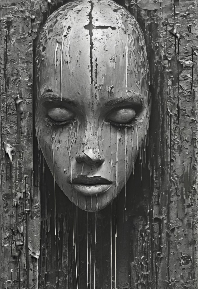 ((masterpiece)), ((best quality)), 8k, high detailed, ultra-detailed,fenliexl, surrealism,solo, thriller \(theme\), monochrome, greyscale, dripping, computer code, looking at viewer, african art, <lora:XSfenlie:1>