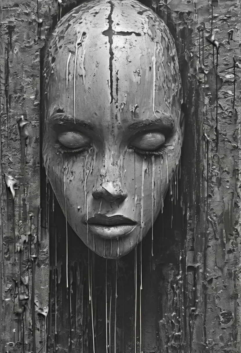 ((masterpiece)), ((best quality)), 8k, high detailed, ultra-detailed,fenliexl, surrealism,solo, thriller \(theme\), monochrome, greyscale, dripping, computer code, looking at viewer, african art, <lora:XSfenlie:1>