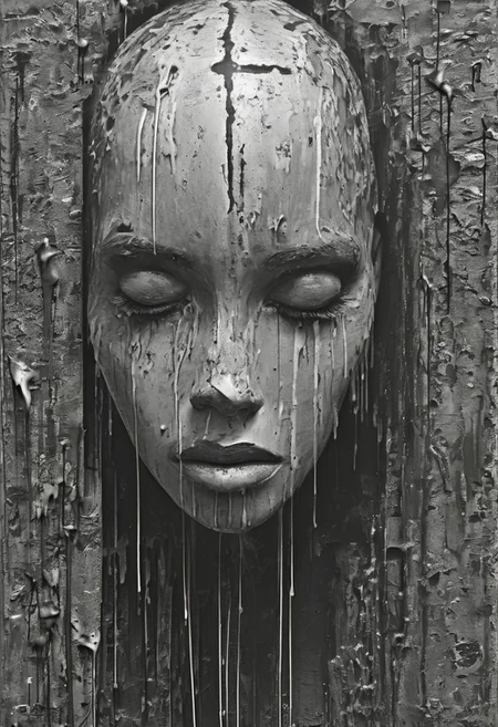 ((masterpiece)), ((best quality)), 8k, high detailed, ultra-detailed,fenliexl, surrealism,solo, thriller \(theme\), monochrome, greyscale, dripping, computer code, looking at viewer, african art, <lora:XSfenlie:1>