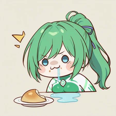 <lora:ultragirl_jue_ill_v1.0:1>,jue,green hair,ponytail,long hair,blue eyes,bodysuit,green chest jewel,white chest jewel,multicolored bodysuit,green body markings,impossible bodysuit,
1girl,solo,
<lora:chibi_drool_noob10-xl-e3:1>,chibi,drooling,head only,^^^,:3,food,
BREAK, textless version,