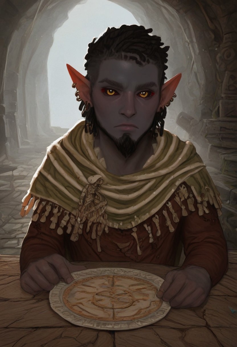 solo, short pointy ears, piercings, random elf face, aquiline features, male dark elf, masculine, long beard, weathered skin, large nose, athletic build,  animated realism, zoomed out, Syrian features, torso, brass pipes and gears, intricate architecture, dwarven masonry, dwemer fixtures, white-green light, gloomy lighting, ancient ruins, interior, stone tiled floor, grey-blue skin, mahogany and ivory clothes, medium armor, bone plate armor, ivory straps and fittings, alien bone ornaments, grey wood neckguard, dark red sclera, black pupils, distant mushroom forest, blue-green light, neon, highly detailed, defined features, looking at viewer, three quarters view, from front, dynamic lighting, 21 years old, light and shadows, patterned cloth, annoyed expression, expressive eyes, detailed medieval clothes, short hair, wavy hair, thick hair, beaded hair, braided hair, under cut hair, semirealistic, alien elf, spanish features, jewish features, black hair, dark red hair, umber skin, sharp features, pastel green berber print cloak, nighttime, high detail, absurdres, pretty eyes, detailed eyes, yellow eyes,