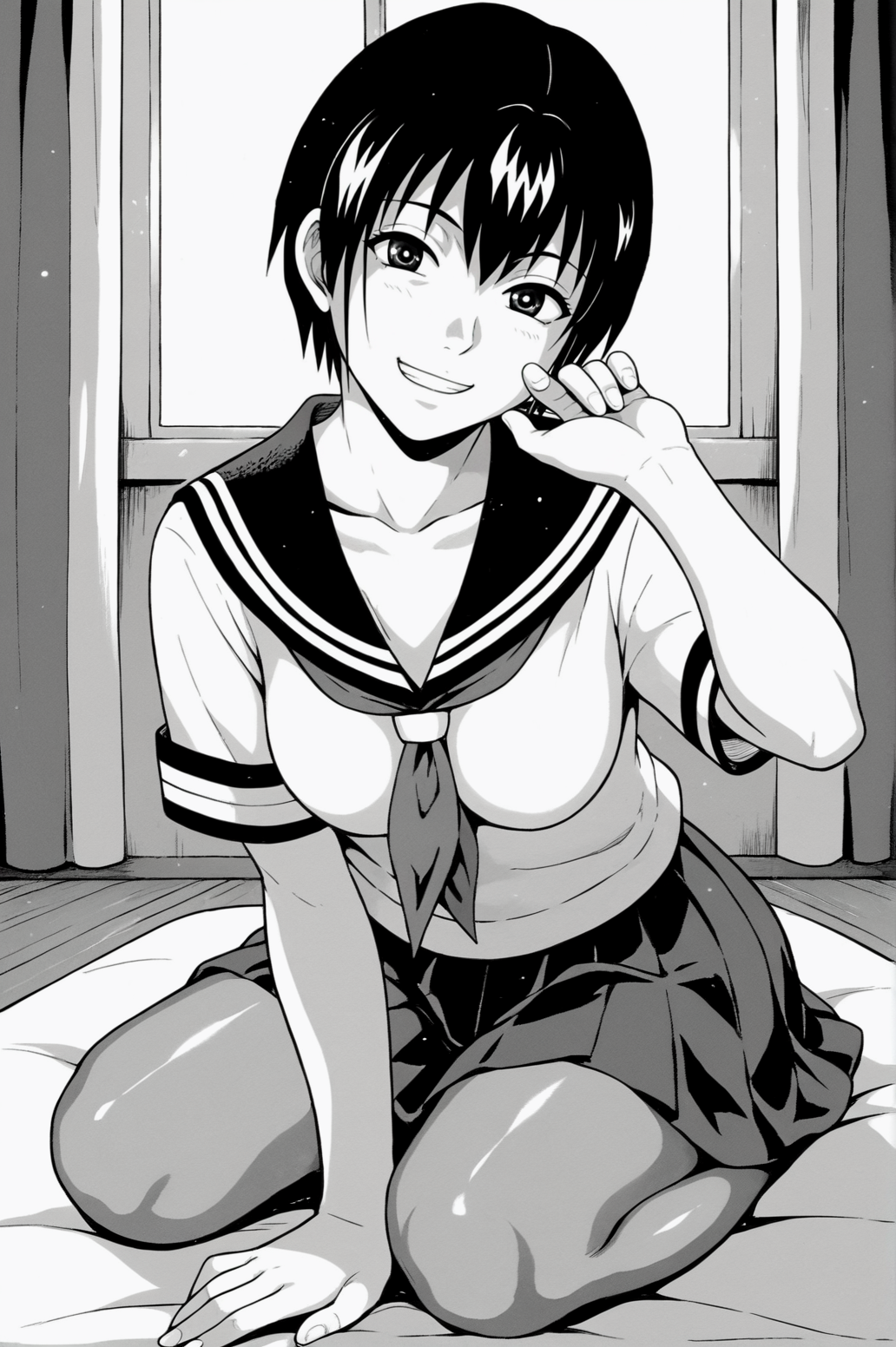 score_9, score_8_up, score_7_up, monochrome, manga_source, best background, detailed background, manga, grayscale  Kaguya, Summer School Uniform, grin, full body, indoors, naughty face, <lora:JN_Shizuku_Kaguya:0.8>
