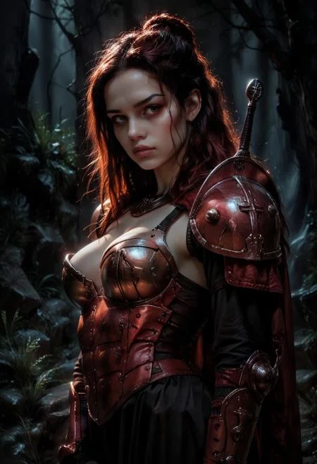 realistic, dark theme, low light, 1girl, solo.
Young beautiful face, fit body, (round breasts),
LRArmor, Shoulder armor. ((armor top)).