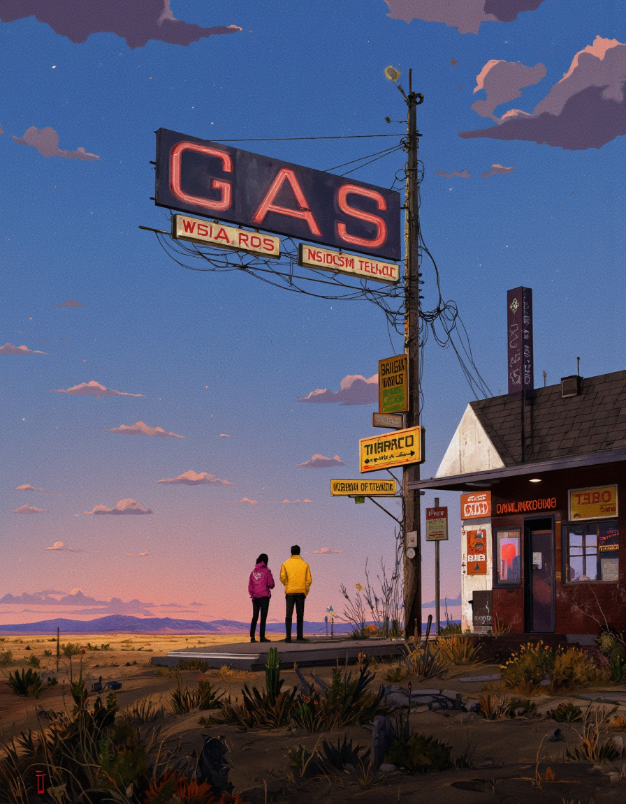 Art by Ismail Inceoglu. A digital illustration shoot from the side about a desert scene at night, featuring two silhouettes of two people standing in the middle of the image, one wearing a yellow jacket and the other wearing a pink jacket, in a desolate desert landscape. the scene is set against a backdrop of a blue sky with pink and purple hues, and distant mountains in the distance. the sky is filled with clouds, and the ground is covered in sparse vegetation, including cacti and other desert plants. in the foreground, there is a gas station with a large sign that reads "GAS" and a small building with a "TABACO" sign, along with a few other signs and signage. the overall atmosphere is eerie and desolate, with a sense of mystery and adventure.