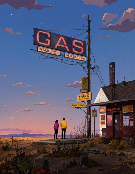 Art by Ismail Inceoglu. A digital illustration shoot from the side about a desert scene at night, featuring two silhouettes of two people standing in the middle of the image, one wearing a yellow jacket and the other wearing a pink jacket, in a desolate desert landscape. the scene is set against a backdrop of a blue sky with pink and purple hues, and distant mountains in the distance. the sky is filled with clouds, and the ground is covered in sparse vegetation, including cacti and other desert plants. in the foreground, there is a gas station with a large sign that reads "GAS" and a small building with a "TABACO" sign, along with a few other signs and signage. the overall atmosphere is eerie and desolate, with a sense of mystery and adventure.
