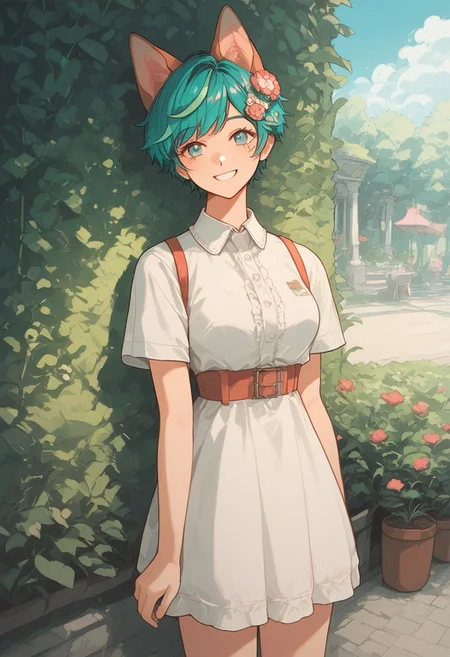 score_9, score_8_up, score_7_up, score_6_up, score_5_up, (art, (psychedelic), garden, sunlight, dog ears, metal floor, pink dolled up dress, hair ornament, 1girl, pixie cut, teal hair, green streak, blunt bang, smile, happy)