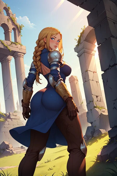 (masterpiece, best quality, absurdres, 4k, aesthetic, detailed, intricate, perfect lighting),cinematic angle,standing in grassy field,stone ruins,sunlight,1girl,from behind,looking at viewer,big booty,agrias,armor, blue dress, brown gloves, pants,<lora:agrias-nvwls-v3:0.7>