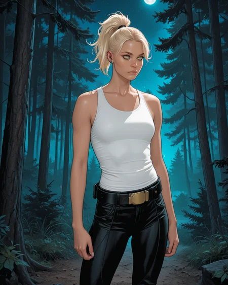 masterpiece, best quality, absurdres, perfect quality, absolutely eye-catching, <lora:JeffSpokesIllus:1> jspokes, <lora:EricaSlaughterIllus:0.8> ericaslaughter, 1girl, blonde hair, ponytail, ear piercings, green eyes, tank top, belt, pants, night, forest,