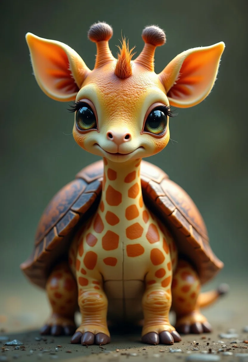 Envision a cute chimera, an uncanny blend of a turtle and a giraffe, Embodying the strange beauty of undiscovered biodiversity with its intriguingly alien appearance.