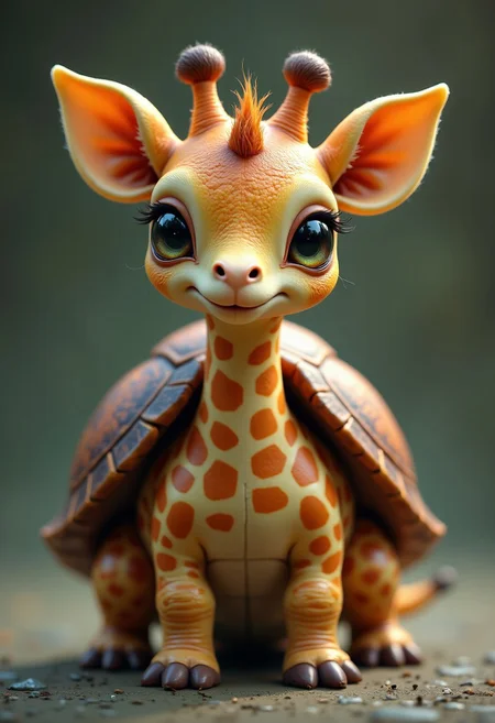 Envision a cute chimera, an uncanny blend of a turtle and a giraffe, Embodying the strange beauty of undiscovered biodiversity with its intriguingly alien appearance.