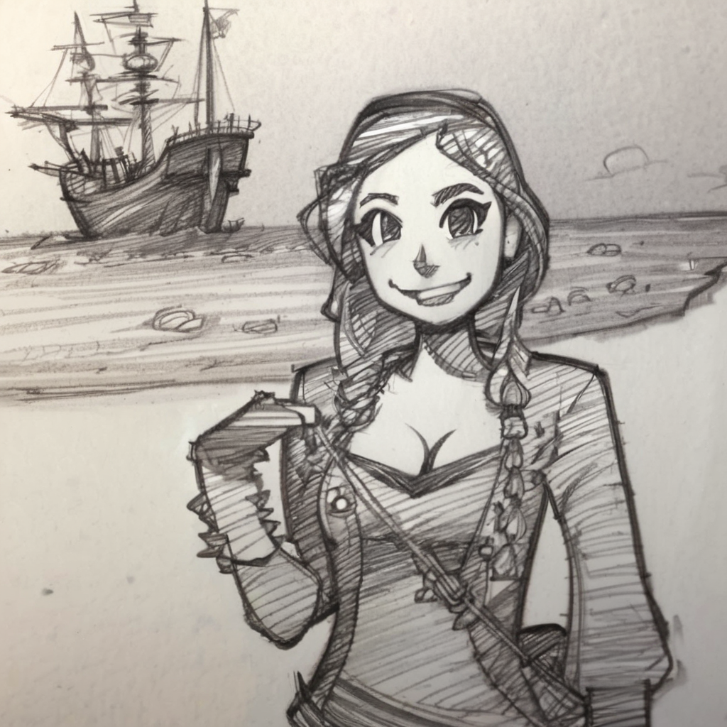 drawix21 girl pirate in the background ship at sea, black ink<lora:drawix21:1>