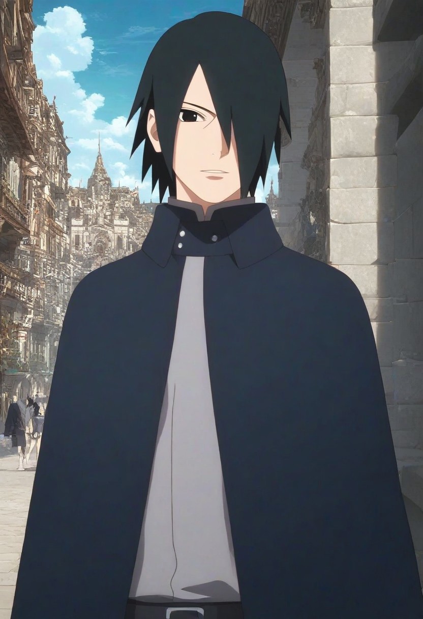 score_9, score_8_up, score_7_up, masterpiece, best quality, amazing quality, very aesthetic, 
high resolution, ultra-detailed, absurdres, newest, official art, 1boy, Sasuke Boruto, male, black hair, blue dark cape closed, long sleeve grey shirt, solo, outdoors, black eyes , male, solo, looking at viewer, perfect face, hair over one eye, standing
BREAK volumetric lighting, detailed background, depth of field, Detailed, Anime screencap, detailed illustration, one arm