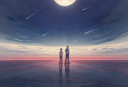 masterpiece, best quality, very aesthetic, moon ,full moon, standing back to back,masterpiece, best quality, very aesthetic, evangelion, ((2boys)), shooting stars, wide shot
BREAK
shinji ikari, short hair, brown hair, blue eyes,
BREAK
kaworu nagisa, white hair, red eyes