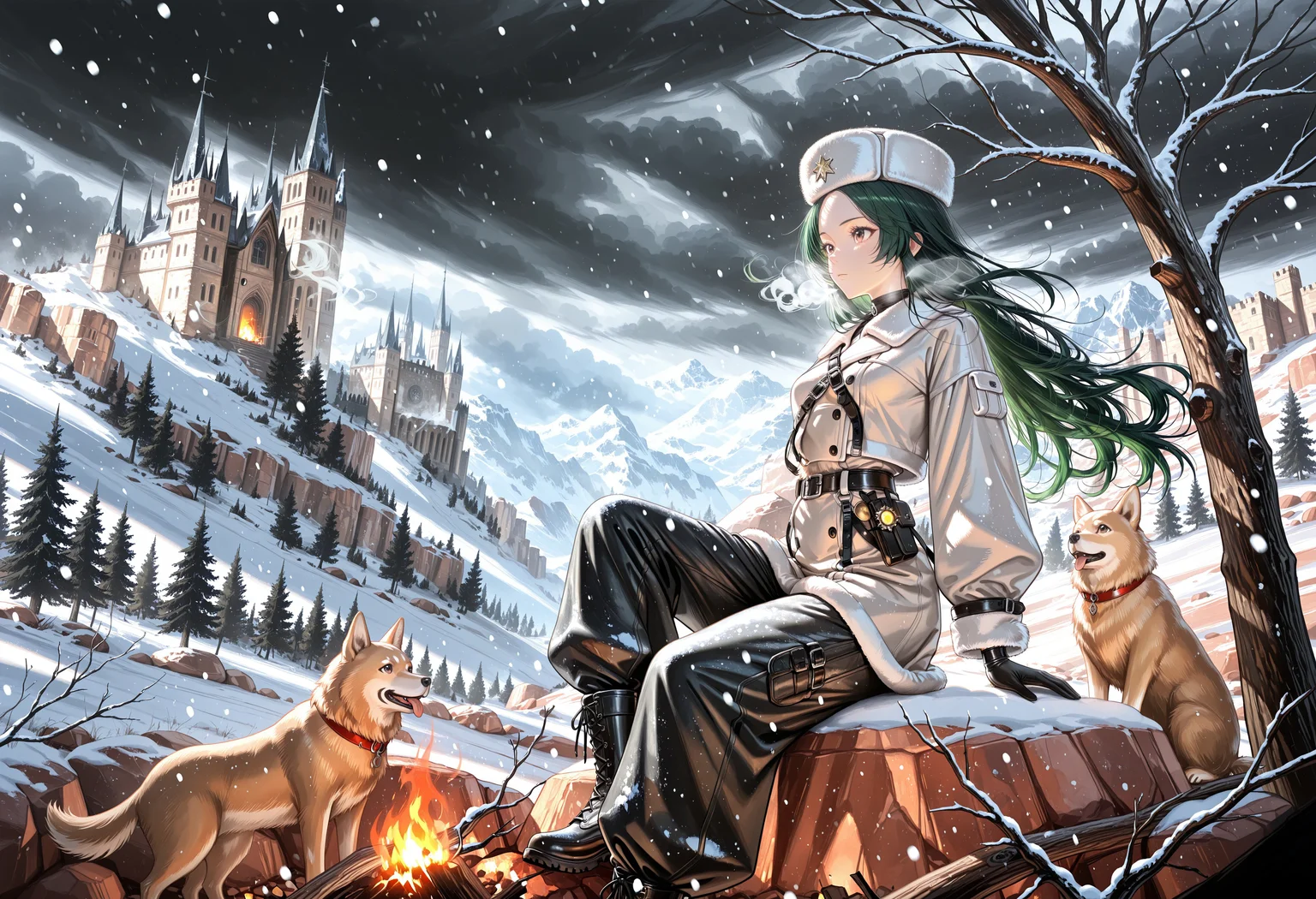 background focus, outdoors, monochrome, western castle, ruinis, snowing, atmospheric clouds, rocky mountain, withered branch, dead tree,
(1 girl, sitting on a rock by small fire, look afar, breathing white breath, expressionless, dogs), (fur-trimmed ushanka, fur coat, belts, baggy pants, high boots, black gloves), ((great anatomy, correct anatomy, midoriL, wide forehead, long hair, green hair, brown eyes, small breasts)),
dynamic pose, dynamic angle, side view,
((masterpiece, absurdres, newest, best quality, visual impact, very aesthetic)), (perfect quality, best quality, absolutely eye-catching), 4K, detailed facial features, detailed clothing features, detailed texture, (illustration, absolutely eye-catching, ambient occlusion, raytracing, photorealism, very highly detailed),