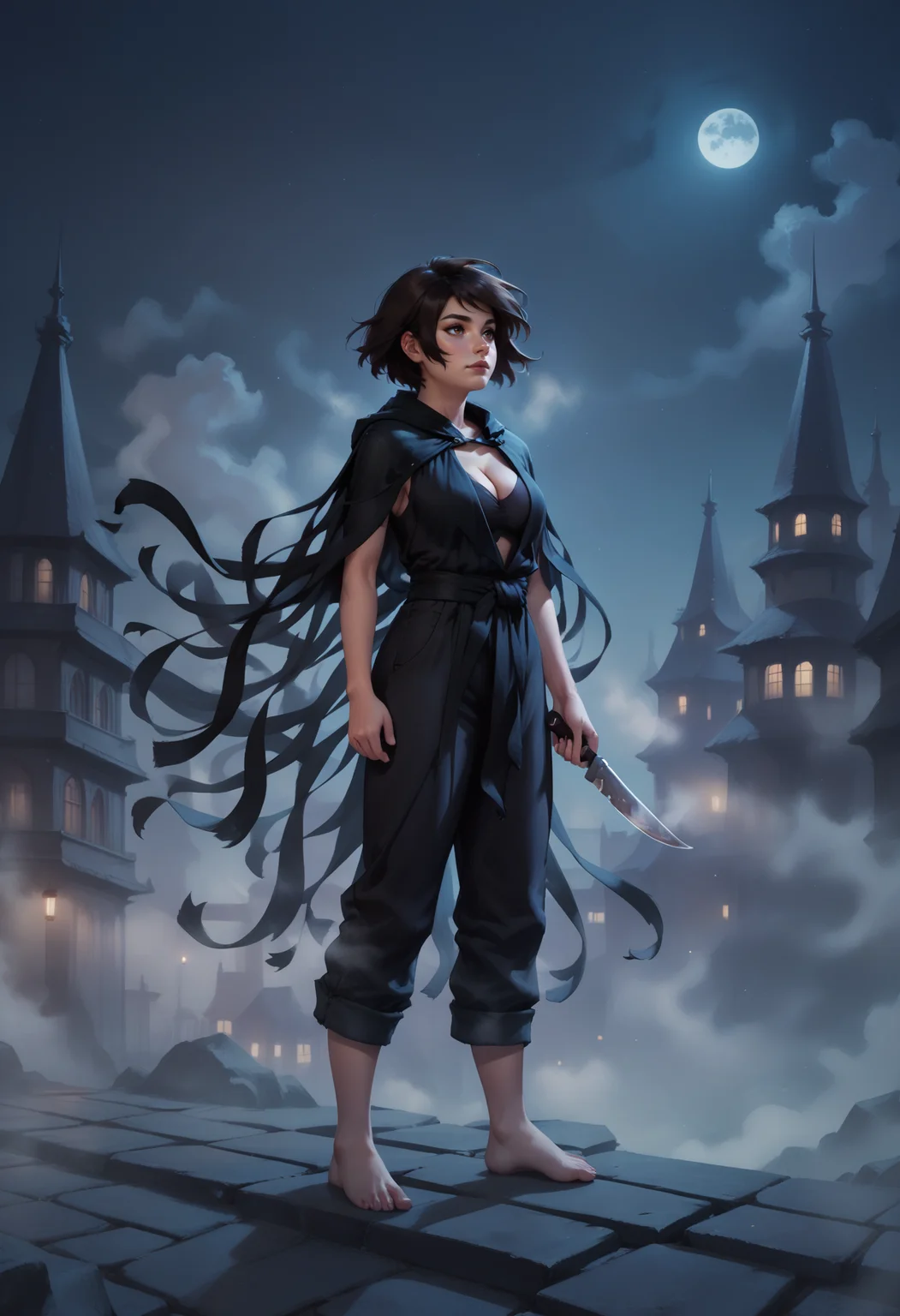 (score_9_up, score_8_up:1.2), score_7_up, vin, 1girl, black bob haircut, brown eyes, tasselled cloak, knife, barefoot, cleavage, city, night, mist, volumetric lighting, <lora:Vin_-_Mistborn:0.6>