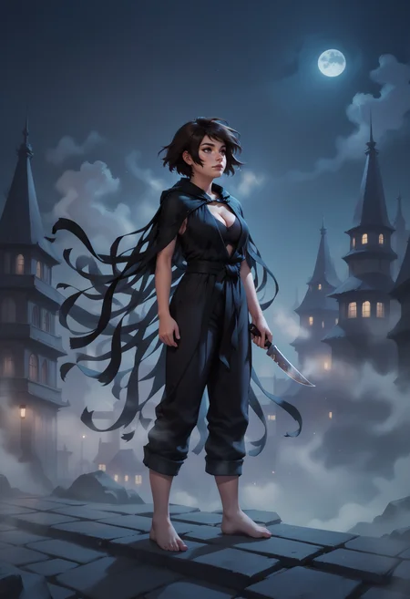 (score_9_up, score_8_up:1.2), score_7_up, vin, 1girl, black bob haircut, brown eyes, tasselled cloak, knife, barefoot, cleavage, city, night, mist, volumetric lighting, <lora:Vin_-_Mistborn:0.6>