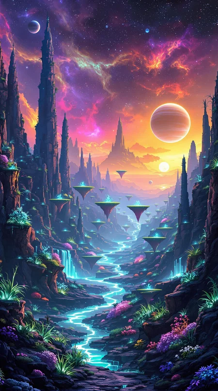 A breathtaking alien landscape, on a distant planet, featuring towering, bioluminescent flora and floating islands suspended in a vibrant
, nebula-filled sky. The terrain is a mix of crystalline formations and glowing, otherworldly plants. Rivers of liquid light flow through the valleys, casting an ethereal glow across the scene. Strange, luminescent creatures can be seen in the distance, blending seamlessly with the fantastical environment. The horizon is dotted with multiple moons and a giant, ringed planet, adding to the surreal beauty of this extraterrestrial world