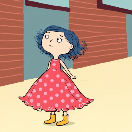 score_9, solo, dotcomet, blue hair, hairdlip, polka dot dress, boots, outdoors
