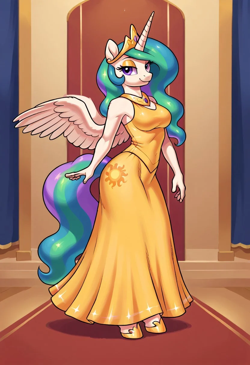 score_9, score_8_up, score_7_up, (detailed textures, digital artwork), ((palace, throne, carpet, meesh style)), (((easynegative, full body, solo))), (white fur, female, anthro pony, Princess Celestia_(mlp):1.00), ((long hair, bangs, rainbow hair)), ((wings, unicorn, horn, pony hooves, snout, tail, ears, violet eyes, eyelashes)), ((yellow princess outfit, golden tiara:1.30)), ((smile, posing, elegant pose)),