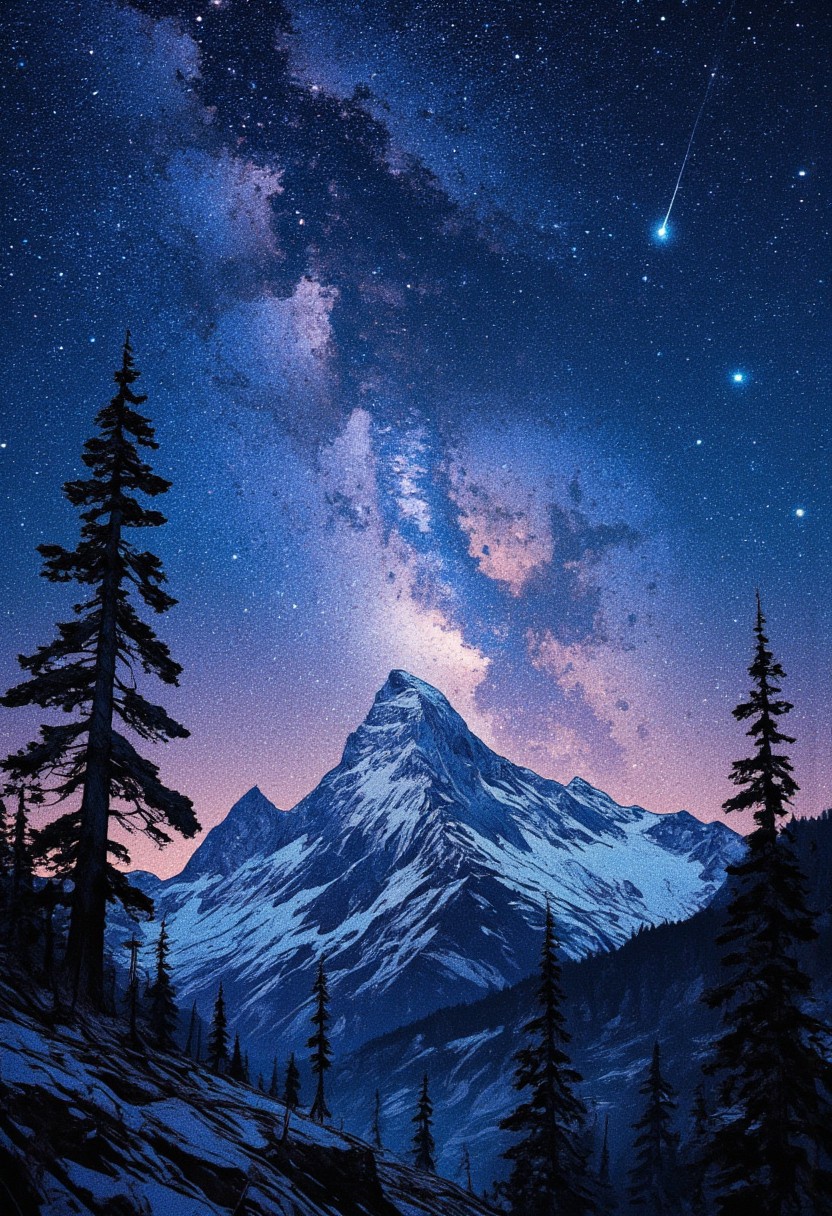 A breathtaking night-time landscape of a mountainous region under a vast, star-filled sky. The Milky Way stretches across the heavens in a dazzling display of cosmic beauty, its glowing core illuminating the darkness with a soft, ethereal light. Two shooting stars streak across the sky, leaving faint trails behind.
In the foreground, towering evergreen trees stand in silhouette against the celestial glow, their dark forms adding depth and scale to the scene. Rugged mountain peaks rise in the background, their snow-capped summits faintly illuminated by the starlight. The air feels crisp and clear, with a subtle atmospheric glow near the horizon.
The composition evokes a sense of solitude and wonder, capturing the majesty of the night sky over a tranquil wilderness. The contrast between the deep blues and purples of the sky and the soft glow of distant galaxies creates a truly mesmerizing and peaceful scene.
,  anime, cyberpunk