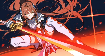 best quality,masterpiece,absurdres,newest,
<lora:GENESIS_MK0.4:0.75>,
(dramatic angle,dynamic angle,dynamic pose:1.2),
high-key lighting,volumetric lighting,light rays,hard lighting,
(am314:1.2),(yoneyama mai:0.9),(nj (psyp):1.15),(aspara:0.7),letterboxed,
1girl, solo, long hair, looking at viewer, brown hair, thighhighs, holding, closed mouth, very long hair, brown eyes, full body, yellow eyes, weapon, sidelocks, boots, sword, spread legs, holding weapon, white thighhighs, armor, orange eyes, dutch angle, glowing, holding sword, thigh boots, headgear, squatting, katana, gem, shoulder armor, gauntlets, pelvic curtain, light particles, dual wielding, serious, glint, red theme, glowing weapon