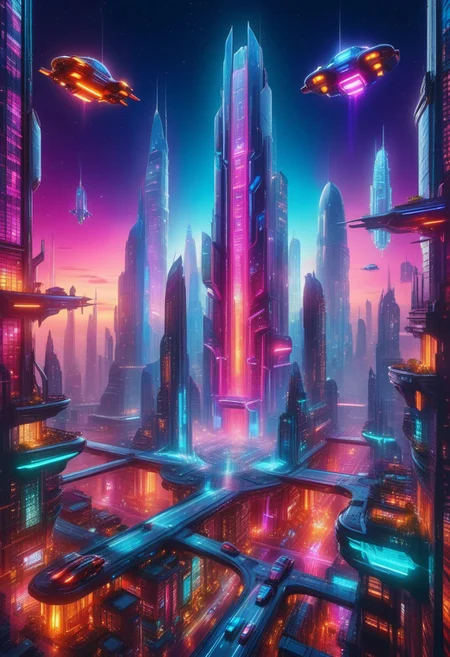 fantasy city of the future. at night. flying cars. modern high-rise buildings made of glass. fantastic architecture.
perfection style, vivid colors, colorful, vivid background, holographic, building, sky, sciencefiction, ImaginaryCityScapes