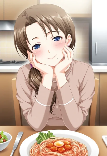 masterpiece, best quality, amazing quality,
BREAK 1girl,solo,<lora:ayakawa_miyako:0.9>,Ayakawa Miyako,brown hair,long hair,hair parted to side,low ponytail, Hair Tie,pink Hair Tie,hair over shoulder,blue eyes,mole under mouth,mole,jewelry,earrings,medium breasts,mature female
,alone,shirt,light brown shirt,long sleeves, looking at viewer, indoors, smile, alone, solo,looking at viewer ,kitchen, indoors,front view,smile, 1girl, looking at viewer, indoors, head tilt,pov across table, pov,lunch,happy,food,upper body, blush, sitting, hands on face,elbows on table,happy,smiling,sitting,chair,salad,pasta