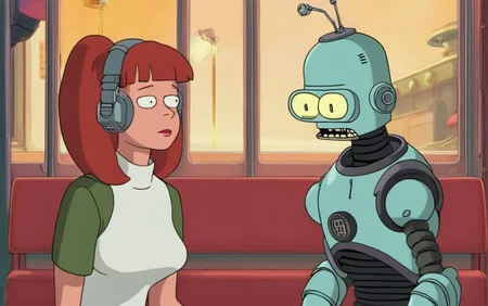 A frame from the show Futurama featuring a robot Lofi girl android <lora:SDXL-LofiGirl-Lora:1>, Very detailed, clean, high quality, sharp image