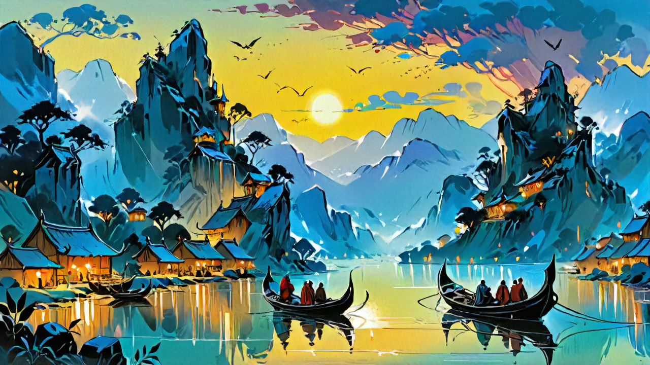fantasy romania, painting, landscape of a (wide river used by keelboats to transport goods:1.1) , Basic and Holy, at Sunrise, Hopeful, kinetic art, side light, [ (designed by Joseph Farquharson:1.0) , Amanda Clark::2], saintly, <lora:EnvyFantasyStyleXL01:1.2>, imposing, fertile, beautiful detailed, highly color focused, holy