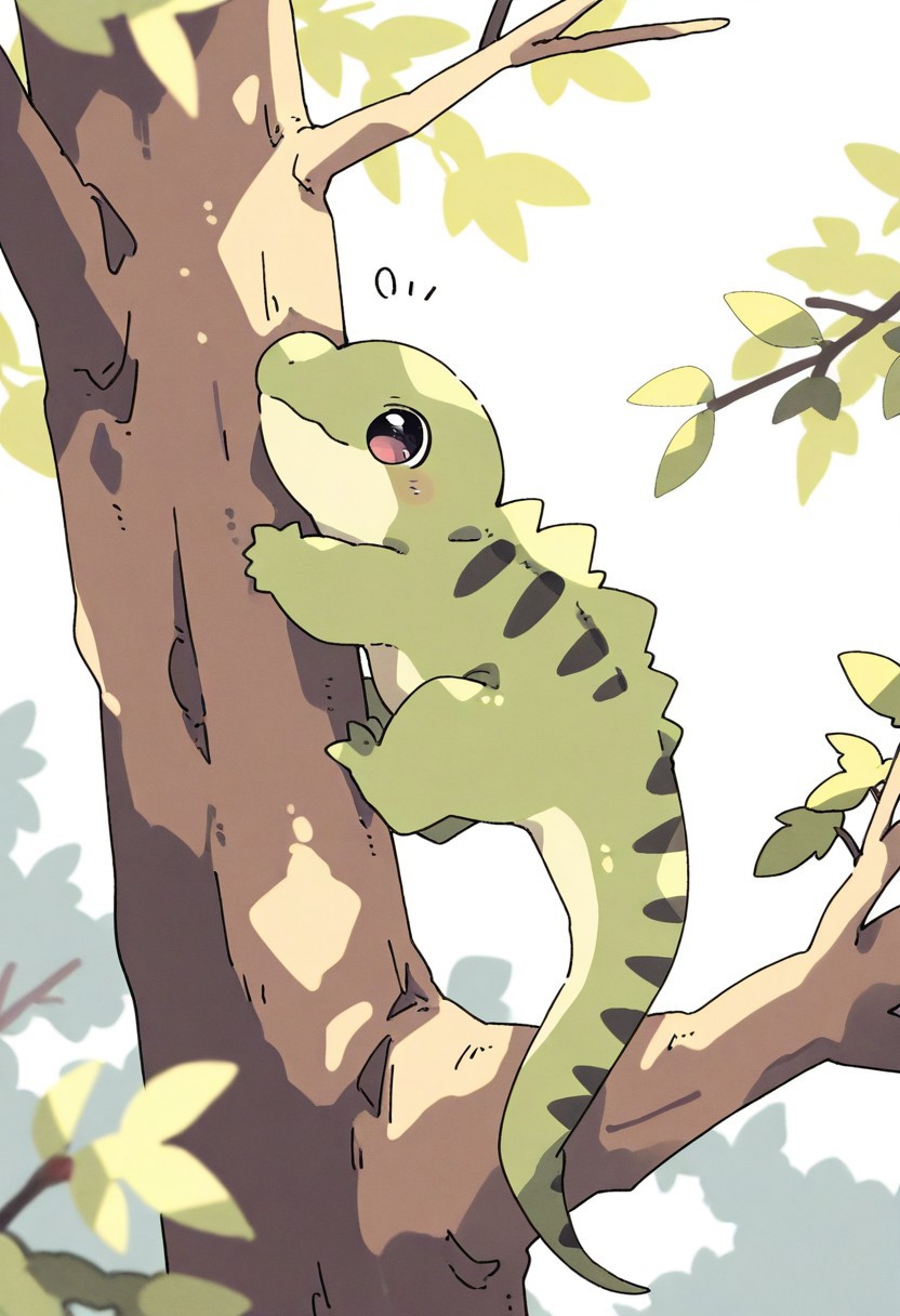 (masterpiece, best quality, high quality, highres), very awa, highres, absurdres,
(naguru \(cyoroama\), (chii-kun \(seedyoulater\):0.7), 
(lizard:1.1), (no humans:1.1), (cute:1.2), comfy, solo, 
oo,
climbing tree, 
sunny day, cozy, tree branches