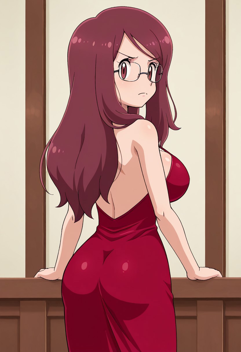 sfw, rating_safe, rating_questionable, pokemoa, oekaki, lowres, 1girl, solo, trainerrissy, auburn hair, long hair, auburn eyes, large breasts, 
fancy dress, shiny dress, tight dress, rear view, 
looking back, looking at viewer, frown