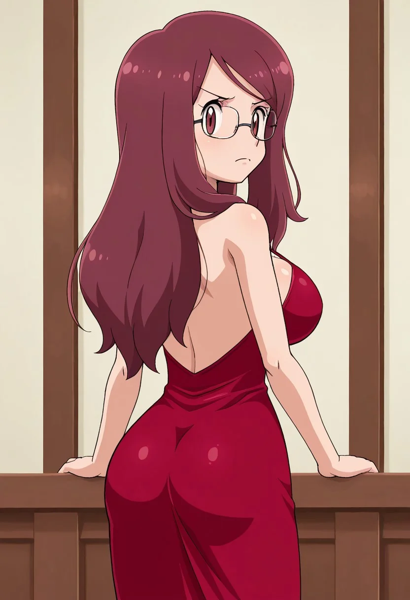 sfw, rating_safe, rating_questionable, pokemoa, oekaki, lowres, 1girl, solo, trainerrissy, auburn hair, long hair, auburn eyes, large breasts, 
fancy dress, shiny dress, tight dress, rear view, 
looking back, looking at viewer, frown