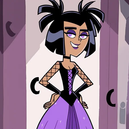 score_9, score_8_up, score_7_up, score_6_up, score_5_up, score_4_up, BREAK, (source cartoon), (rating safe), <lora:Sam_Manson:1>, indoors, 5 fingers, hands on hips, purple eyes, sam manson, makeup, smile, purple dress, dress, fishnets, two side up, short hair, 1girl, solo,