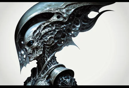 The image features an abstract representation of a skull intertwined with mechanical elements, showcasing a fusion of organic and mechanical forms. The skull has a ghostly, x-ray-like appearance, encased in a transparent, bubble-like structure that emphasizes its intricate details. The contrast between darker and lighter areas creates depth and movement, evoking themes of technology and humanity. The piece, signed “Clear Note” in a subtle script at the bottom right, seamlessly blends anatomical and industrial designs.
To incorporate a Xenomorph element into the image, consider adding elongated, biomechanical features characteristic of the creature, such as:
1. **Head Shape**: Alter the skull to feature a more elongated, sleek profile resembling the Xenomorph's distinct head shape.
2. **Texture**: Introduce a glossy, chitinous texture reminiscent of the Xenomorph's exoskeleton on parts of the skull and spine.
3. **Tail**: Add a segmented tail extending from the base of the skull, curling around the mechanical components.
4. **Eyes**: Replace traditional eye sockets with smooth, reflective surfaces to mimic the alien's dark gaze.
5. **Biomechanical Integration**: Blend alien-like limbs or appendages that appear to merge with the existing skeletal and mechanical structures.
This composition would maintain the abstract style while enhancing the eerie, alien atmosphere central to the Xenomorph design.
