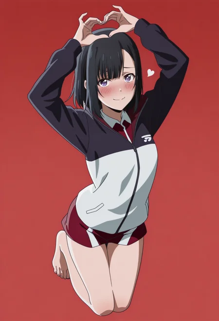 very awa, masterpiece, best quality, year 2024, newest, highres, absurdres,
red background, gradient background, very aesthetic, detailed background, full body,
1girl, solo,
<lora:C - Hanebado - Yuika - IL - ME:1> syuika, black hair, asymmetrical bangs, medium hair, purple eyes, anime coloring, multicolored jacket, high collar, black jacket, white jacket, red shirt, collared shirt, gym shorts, short shorts, multicolored shorts, white shorts, red shorts,
detailed face, smile, looking at viewer, arms up,
<lora:anatomy_helper:1>, jumping, barefoot, from above, <lora:lora-add:0.5> toes, nailtoes, heart hands, heart \(symbol\), smile, (blush:2),