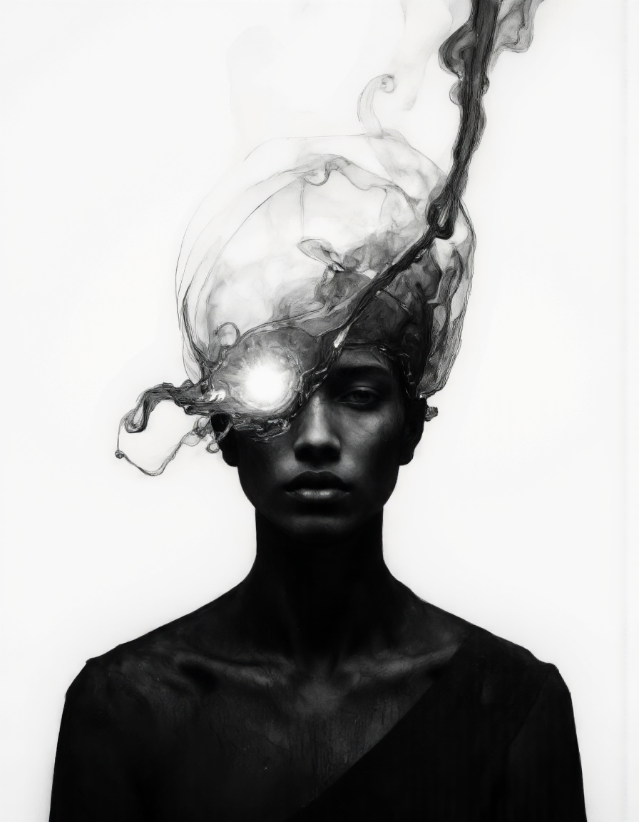A grayscale, artistic portrait of a figure. 
The figure appears to be a person, possibly a male, depicted in a way that evokes a sense of mystery or otherworldliness. The face is partially obscured within a swirling, dark, smoky or vaporous substance. 
The eyes of the figure glow with a bright, ethereal light, while the rest of the face and form remain in dark shadow. The substance around the head and shoulders mimics flowing smoke or hair, suggesting movement and an otherworldly presence.  The silhouette of a garment  is visible. The background is entirely white, which accentuates the contrast and highlights the dark elements in the figure. The image's style suggests a blend of dark fantasy and artistic expression, possibly inspired by graphic design, painting, or digital art. <lora:Flux_Photography:0.56> <lora:Defluxion_v1:0.4> <lora:Dorota_Pietrowiak:0.65> <lora:Illustration_concept_Variant_3:0.75> <lora:Chris_Luka:0.75>