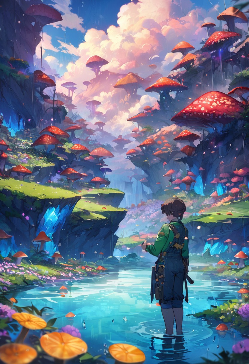 oil matte art, best quality, calm relaxing scenery, beautiful anime landscape, mushroom forest, beautiful digital art, aqua glow, winter, great reflections, wet, panoramic view, rain, wet, huge wall, on the mountain cliff, detailed rocky cliffs, detailed clouds, reversed fisheye lense, flower field, crystal clear, dark clouds in the background, bokeh, OverallDetail, depth of field, detailed art, expressionism,
extremely detailed, UHD,