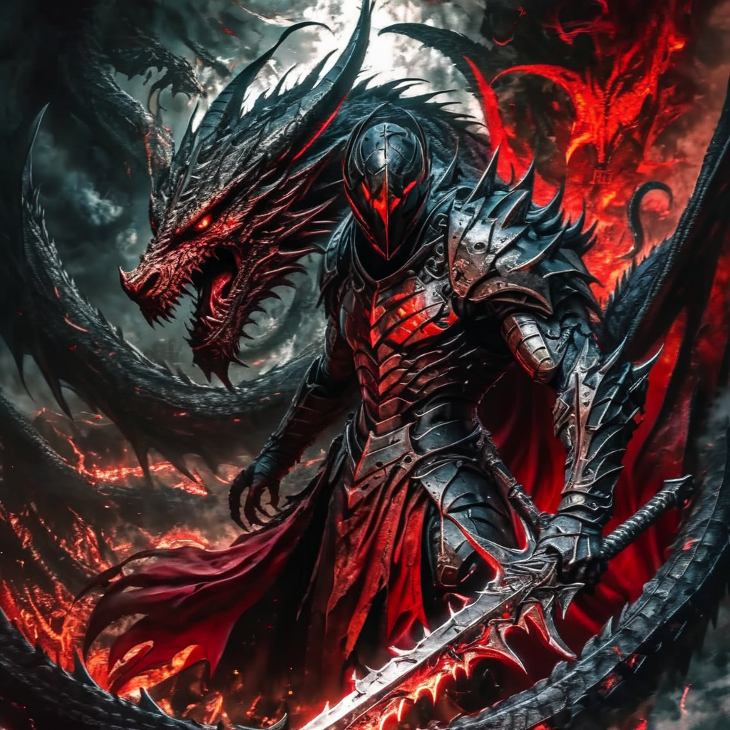 shamanqua beautiful warrior dragon lord in a scarlet cloak with a sword on the battlefield dark knights around, dragons in the background, expressive, very detailed, cinematic<lora:shamanqua:1>