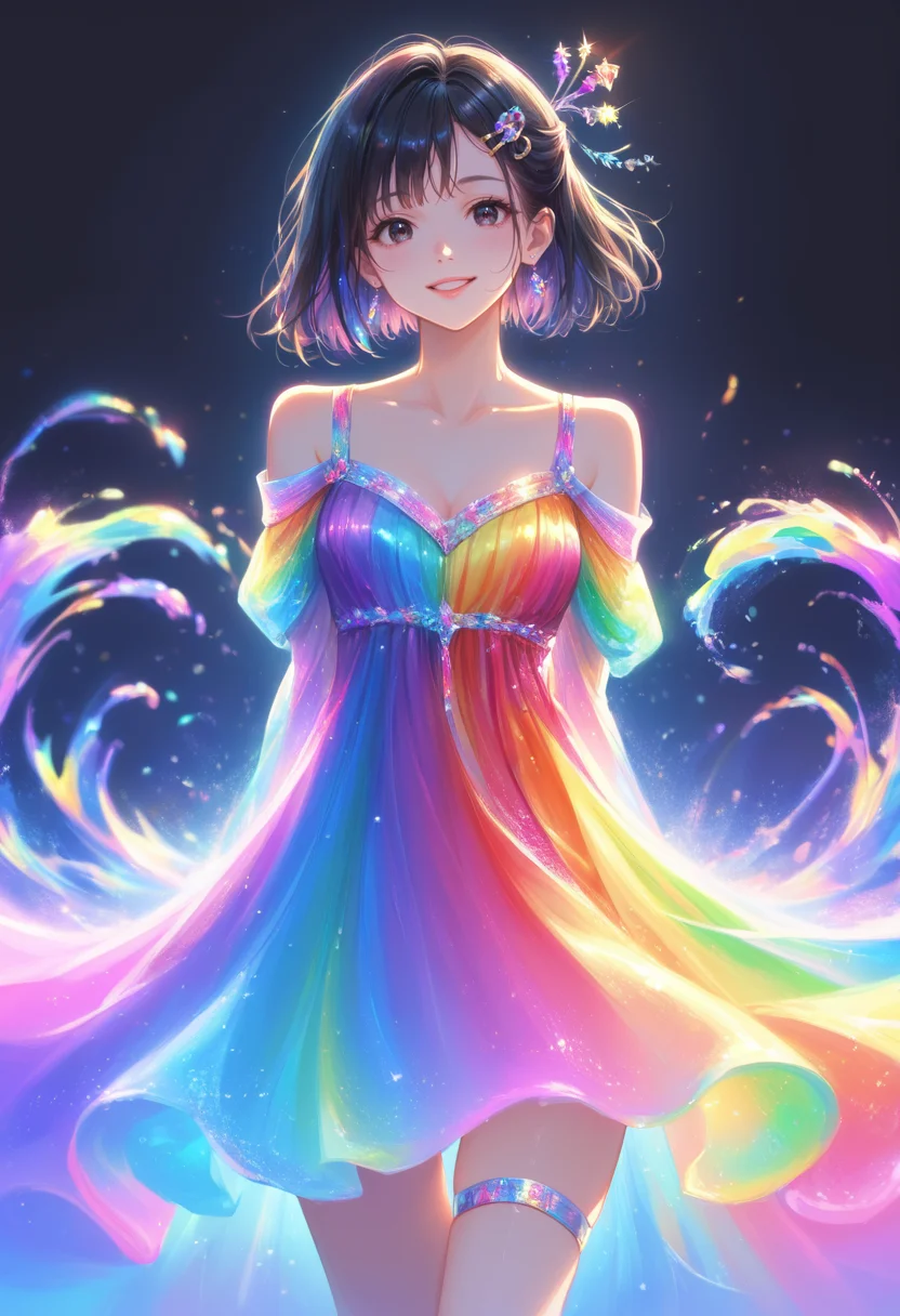 score_9, score_8_up, score_7_up, masterpiece, best quality, perfect anatomy, very aesthetic, ((outlined outlined vector graphics)),no norm,
, cute face, (glow eyes:0.8), glittering, glimmering,front view, black background, rainbow ring, looking at viewer,cowboy shot,rainbow splash, rainbow water,
20yo, black hair, black eyes, short bob hair, hair pin,mdeium breast, slender,(white thigh strap:1.1), rainbow dress, off shoulder dress, arms behind back, smile beam,happy, open eyes ,
jewelry, earrings, parted lips, <lora:rainbow-dress-01:1>